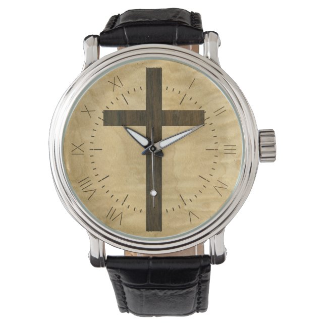 Basic Christian Cross Wooden Veneer Maple Rosewood Watch (Front)