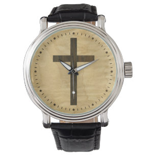 Basic Christian Cross Wooden Veneer Maple Rosewood Watch