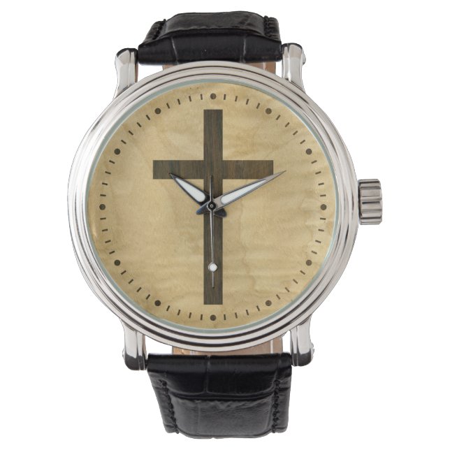 Basic Christian Cross Wooden Veneer Maple Rosewood Watch (Front)