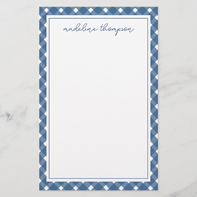 Basic Gingham Light Navy Blue Border Notepad Stationery (Front)