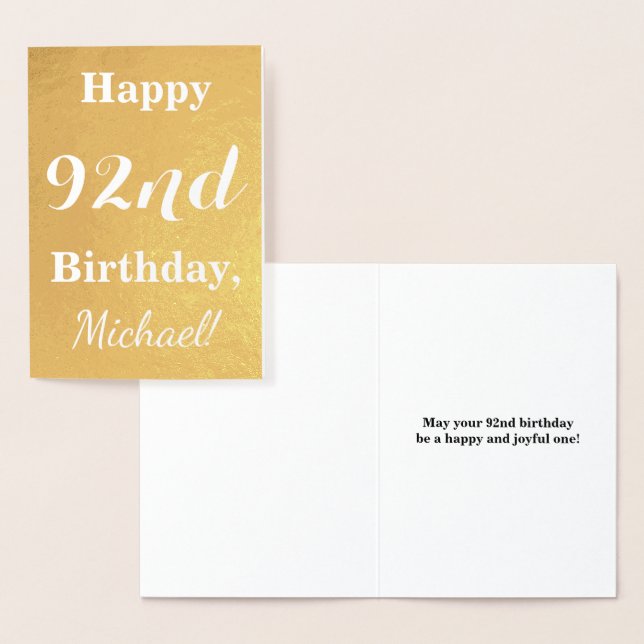 Basic Gold Foil "HAPPY 92nd BIRTHDAY"; Custom Name Foil Card (Display)