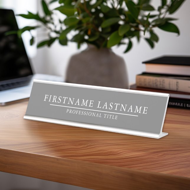 Basic Grey White with Name Title Simple Line Desk Desk Name Plate (Custom Name Plate for Desk or Office)