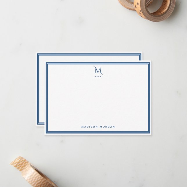 Basic Monogram Navy Blue Border Personalised  Card (Front/Back In Situ)