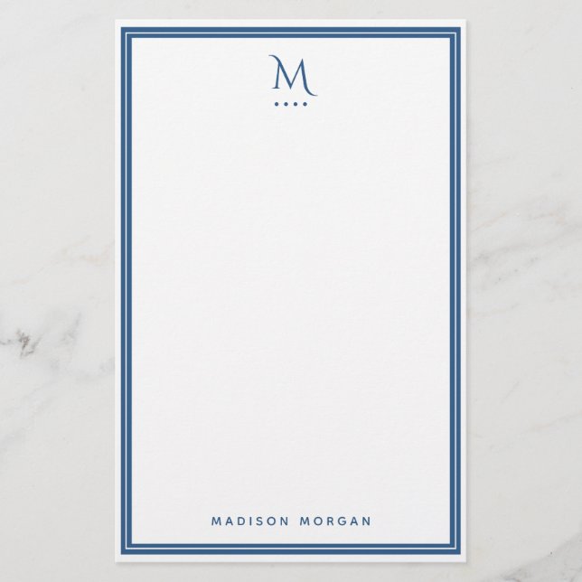 Basic Monogram Navy Blue Border Personalized  Stationery (Front)