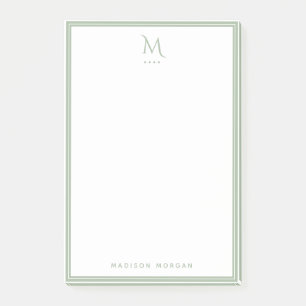 Basic Monogram Sage Green Border Personalised Post-it Notes