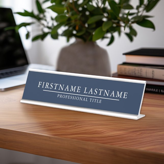Basic Navy Blue White with Name Title Simple Line Desk Name Plate (Custom Name Plate for Desk or Office)