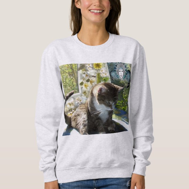Basic Sweatshirt with Cute Cat, Flowers and Fairy (Front)