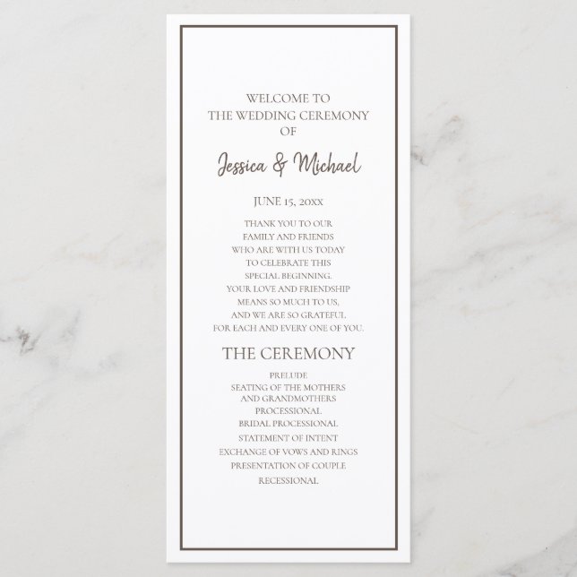 Basic White and Brown Wedding Program Programme (Front)