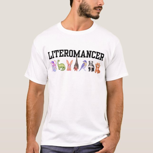 Basic White Literomancer T-shirt with Totems  (Front)