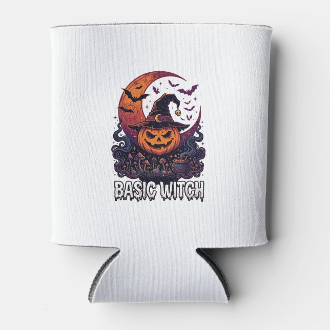 Basic Witch Halloween Pumpkin Crescent Moon Cauldr Can Cooler (Front)