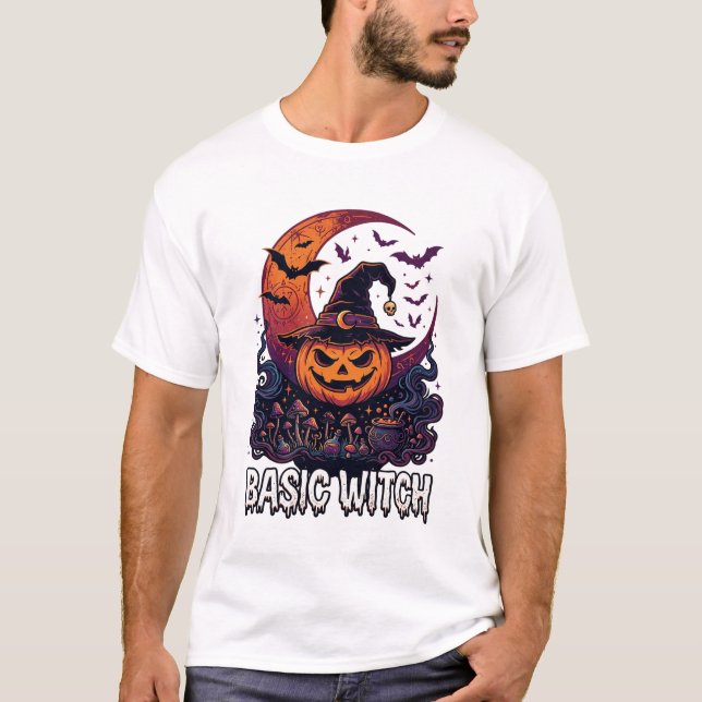 Basic Witch Halloween Pumpkin Crescent Moon Cauldr T-Shirt (Front)