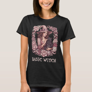 Basic Witch Pink Floral Witch & Black Cat Coquette T-Shirt