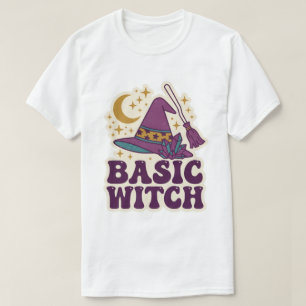 Basic Witch Retro Hat Broom Crystal Halloween Art T-Shirt