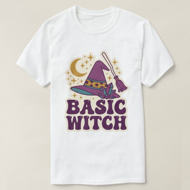 Basic Witch Retro Hat Broom Crystal Halloween Art T-Shirt (Design Front)