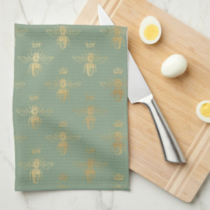 Basil Green and Gold Queen Bee Tea Towel
