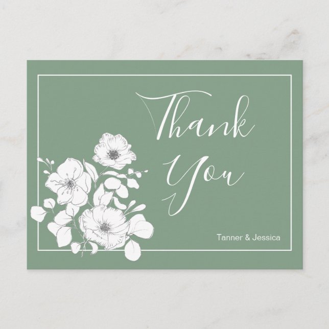 Basil Green and White Floral Wedding Thank You   Postcard (Front)