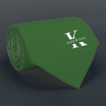 Basil Green Elegant Monogram   Name One-Sided Tie<br><div class="desc">An elegant one-sided necktie featuring a bold white monogram across a solid Basil Green background. On top of this monogram sits your first or last name spelled out in all capitals. If you prefer a bolder look for the personal name inside of the large letter you can do the following:...</div>