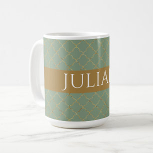 Basil Green Gold Quatrefoil Personalised Coffee Mug