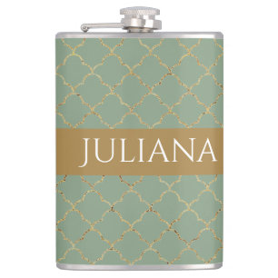 Basil Green Gold Quatrefoil Personalised Hip Flask