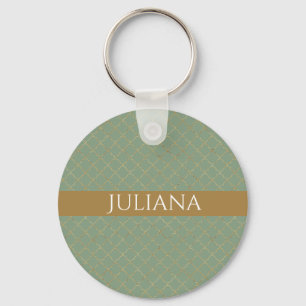 Basil Green Gold Quatrefoil Personalised  Key Ring