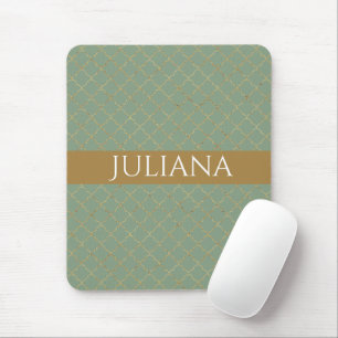 Basil Green Gold Quatrefoil Personalised Mouse Mat
