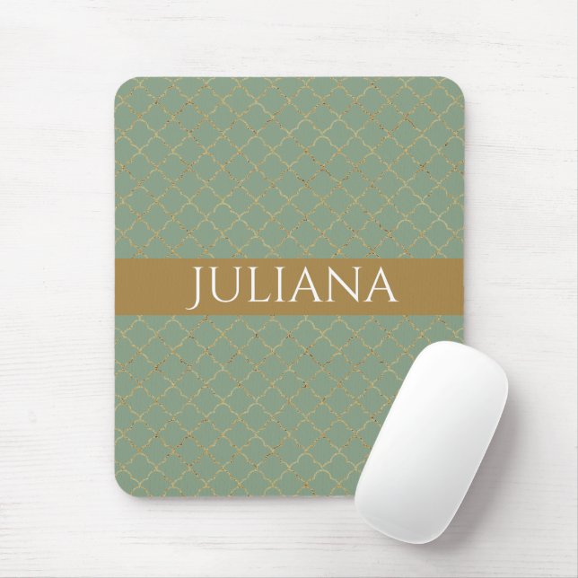 Basil Green Gold Quatrefoil Personalised  Mouse Mat (With Mouse)
