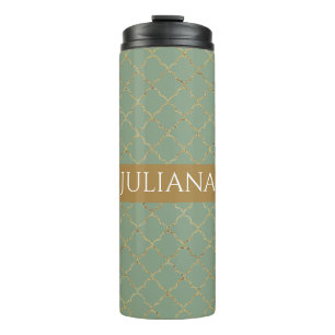 Basil Green Gold Quatrefoil Personalised Thermal Tumbler
