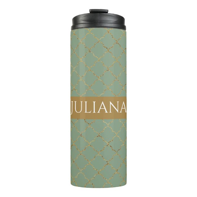 Basil Green Gold Quatrefoil Personalised  Thermal Tumbler (Front)