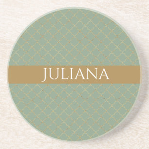 Basil Green Gold Quatrefoil Personalized Coaster