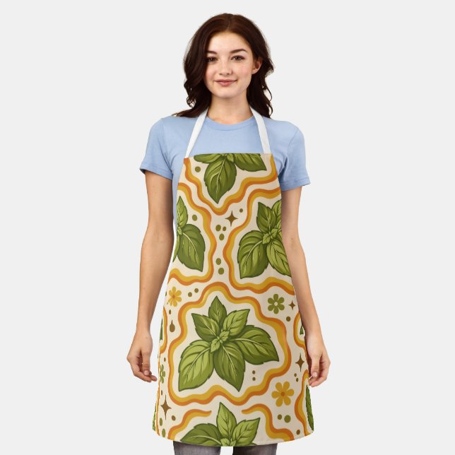 Basil Pattern Kitchen Apron (Worn)
