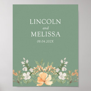 Basil, Peach and White Floral Wedding Couple  Poster