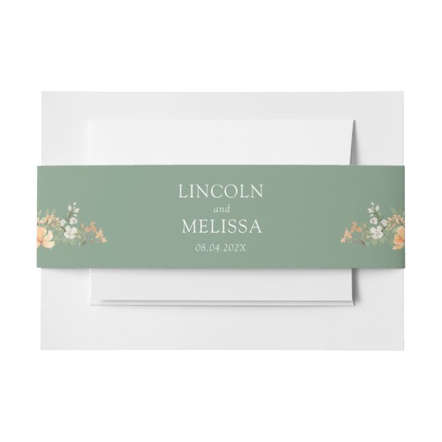 Basil, Peach and White Floral Wedding   Invitation Belly Band (Front Example)