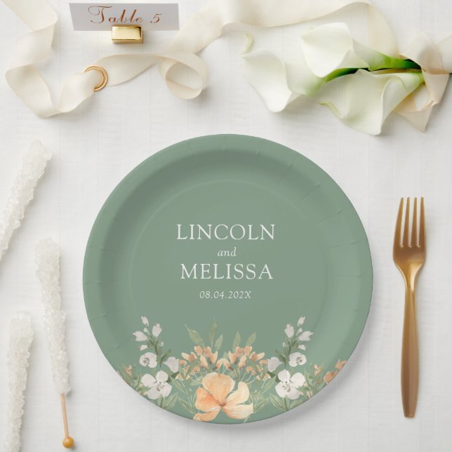Basil, Peach and White Floral Wedding  Paper Plate (Wedding)
