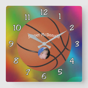 Baskeball Multi-coloured Bkgrd Photo Personalise Square Wall Clock