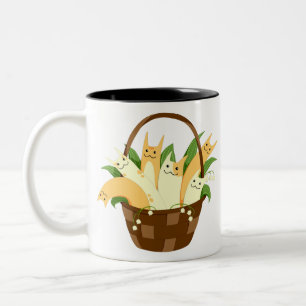 Basket Cat Bouquet Flowers Lily Of The Valley Two-Tone Coffee Mug