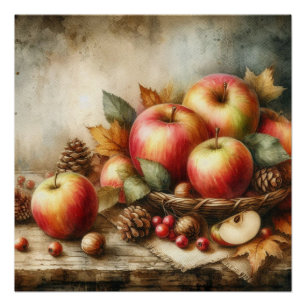 Basket of apples on table vintage watercolor poster