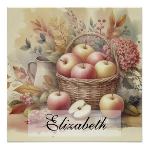 Basket of apples on table vintage watercolor poster