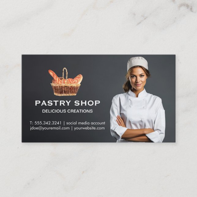Basket of Baguettes | Female Chef Smiling Business Card (Front)
