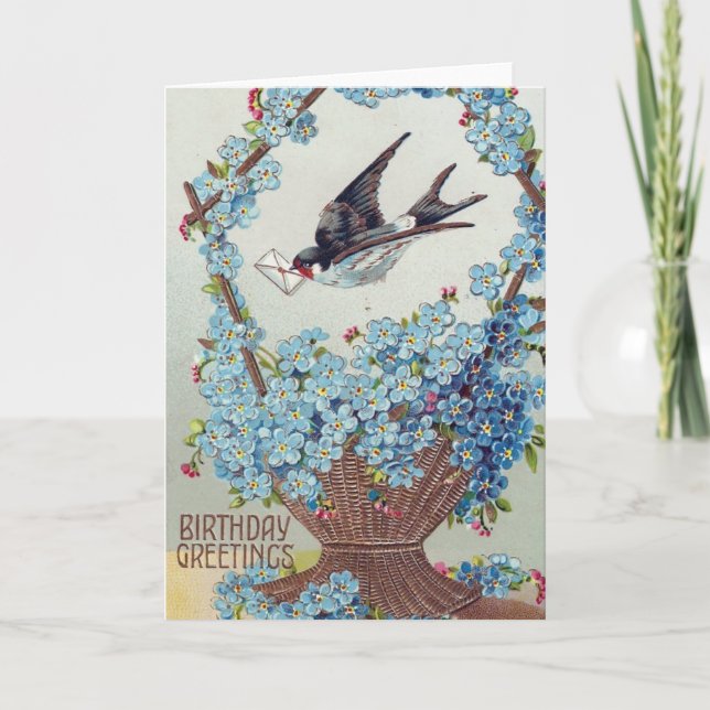 Basket of Blue Flowers Bird Birthday Card (Front)