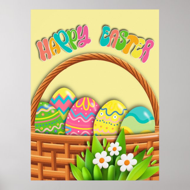 Basket of colored Easter Eggs | Happy Easter wall Poster (Front)