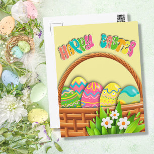 Basket of coloured Easter Eggs Happy Easter Holiday Postcard