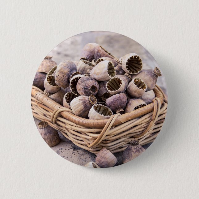 Basket of Dried Pod Poppy Seeds 6 Cm Round Badge (Front)