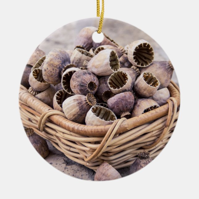Basket of Dried Pod Poppy Seeds Ceramic Tree Decoration (Front)