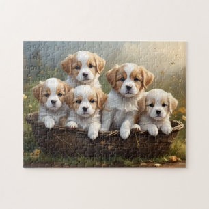 Basket of Five Cute Puppies Jigsaw Puzzle