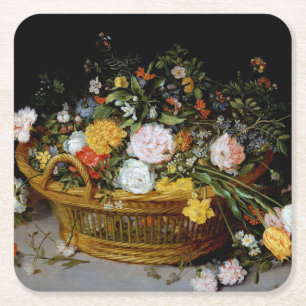 Basket of Flowers, Jan Brueghel the Younger Square Paper Coaster