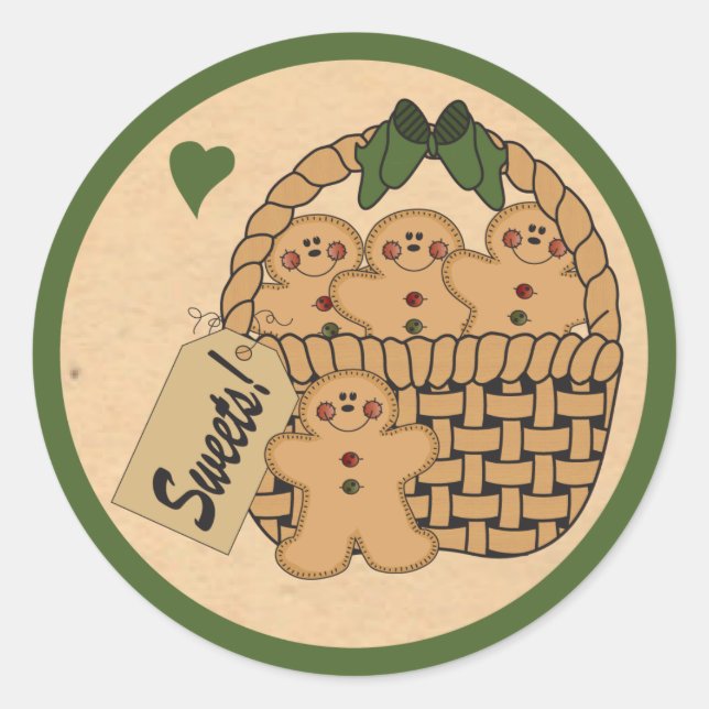 Basket of Gingerbread Men | Green Classic Round Sticker (Front)