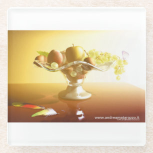 Basket of glass with fruits and batterfly coaster