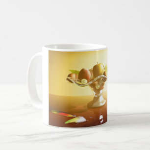 Basket of glass with fruits and batterfly coffee mug
