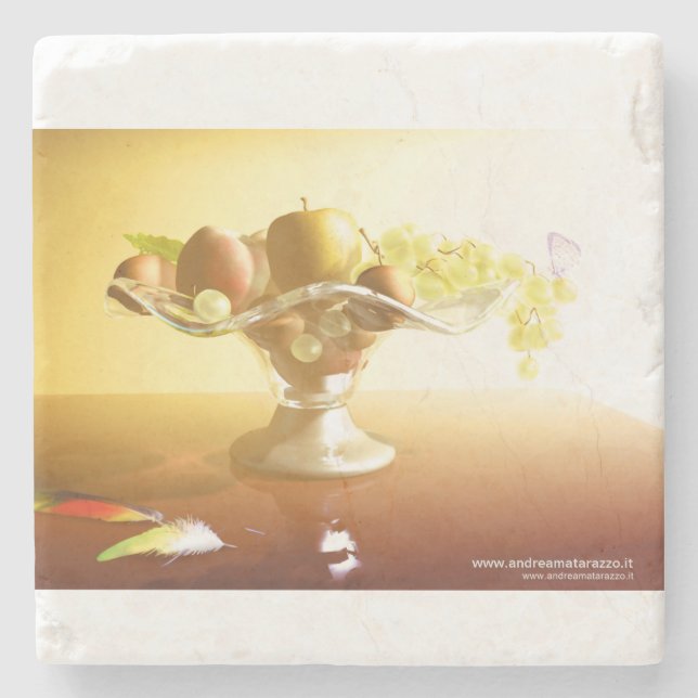 Basket of glass with fruits and batterfly   stone coaster (Front)