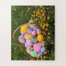 Basket of hand sewn Easter eggs with wildflowers
